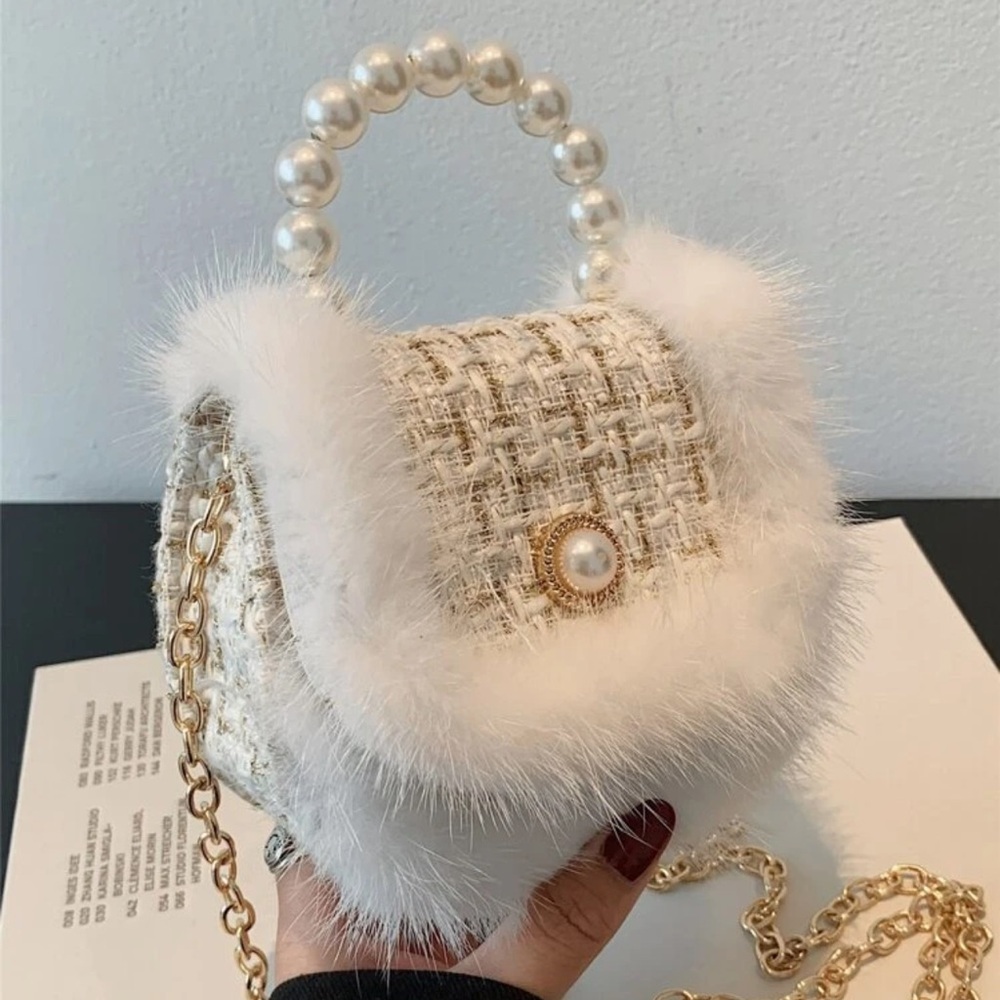Mini Faux Pearl Decor Fluffy Trim Chain Satchel Bag